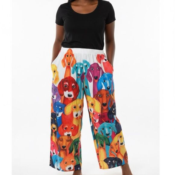 None Pants - 5X Colorful Dog Print Pants Stretch Waist Pockets Novelty Cute Fun Farmhouse
